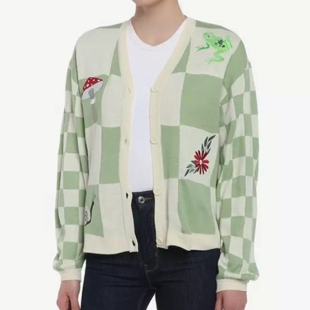 Hot Topic Thorn & Fable Cottagecore Embroidered Check Cardigan S‎ Green Ivory